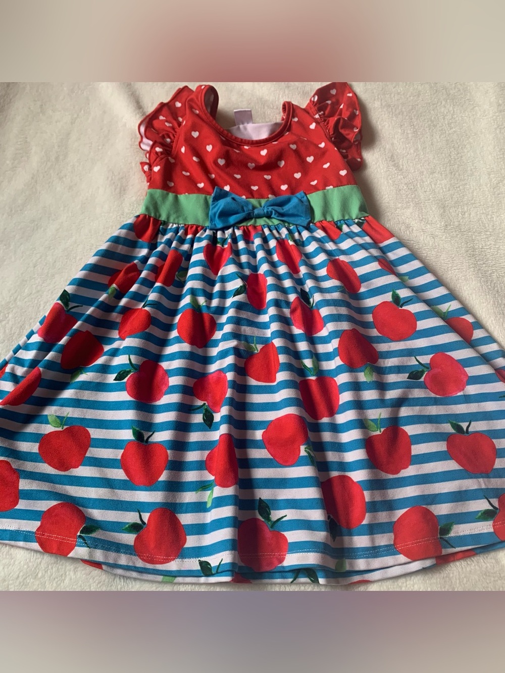 Penelope Plumm Apple-Print Red & Blue Casual Dress with Green Waistband Size 5